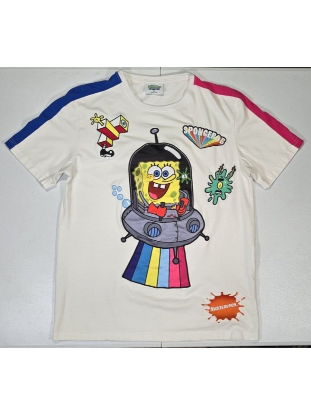 SpongeBob Squarepants UFO Stephen Hillenburg White Embroidered Tee Shirt Women M